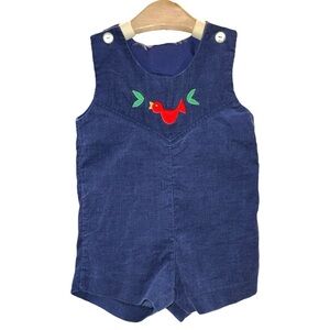 Vintage Baby Boy Corduroy Romper 12M Red Bird Embroidery Navy Blue Overalls